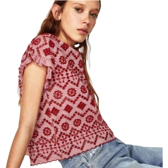 Zara Red Boxy Ruffled Blouse - Picture 2 of 3